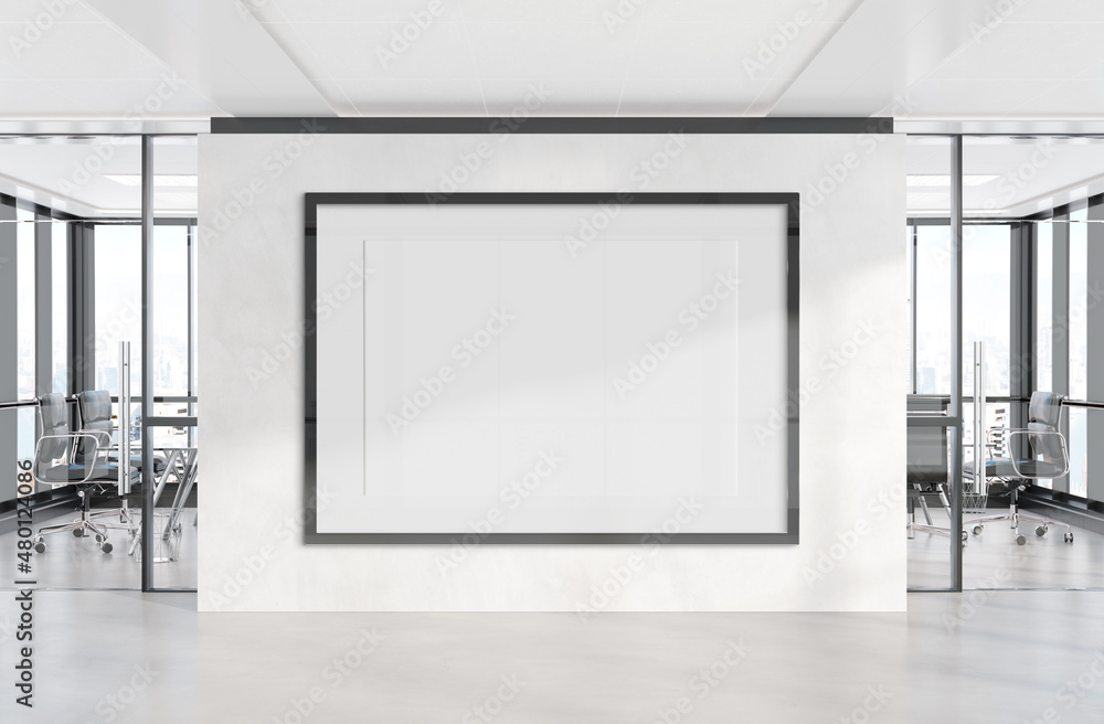 Black horizonal frame Mockup hanging on wall. Mock up of a billboard in modern concrete office inter