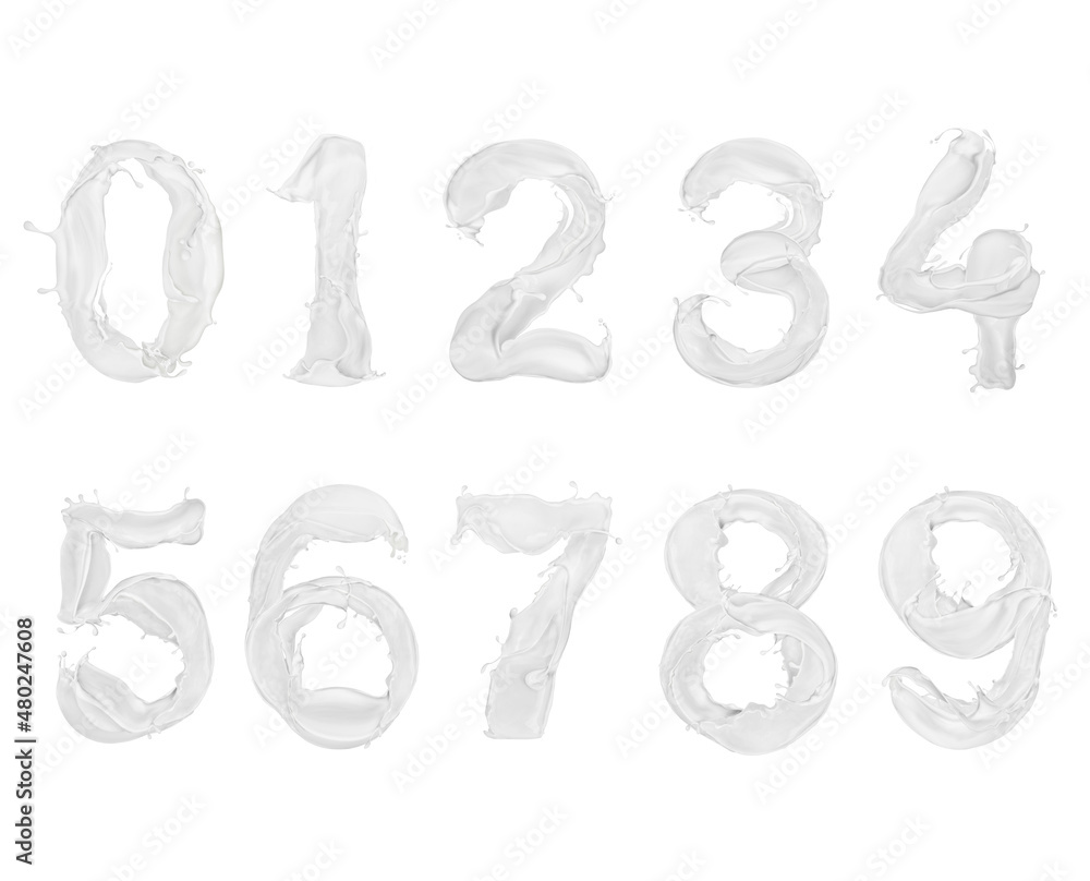 Numbers made of milk splashes isolated on a white background