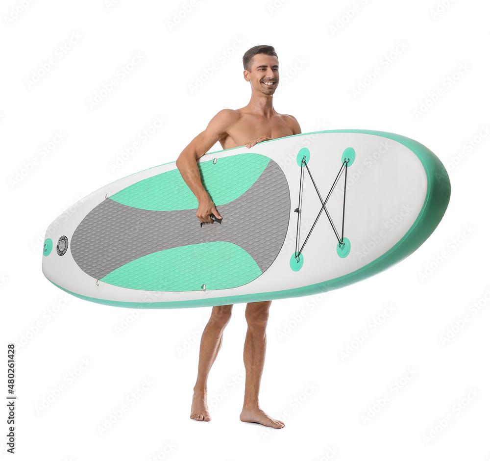 Handsome young man with board for sup surfing on white background