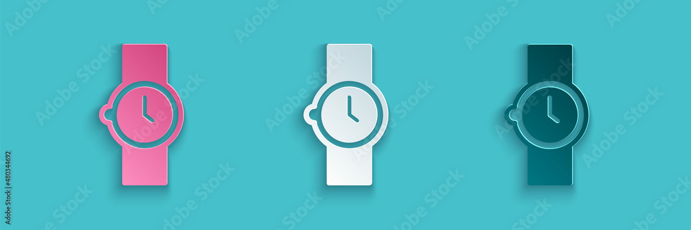 Paper cut Wrist watch icon isolated on blue background. Wristwatch icon. Paper art style. Vector