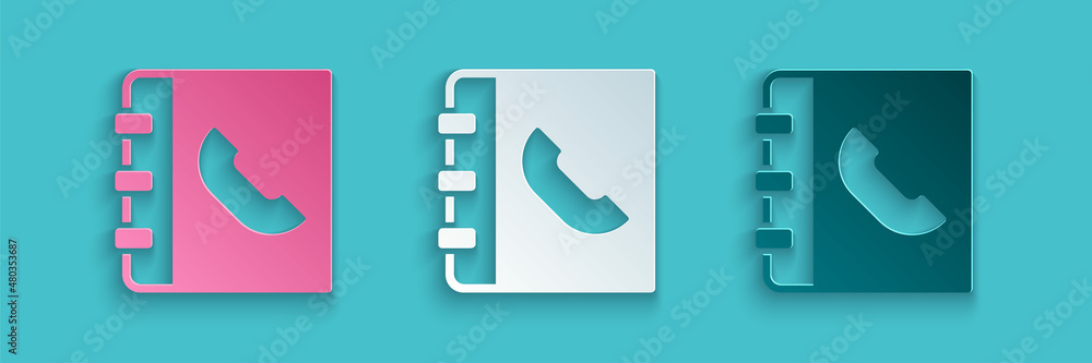 Paper cut Phone book icon isolated on blue background. Address book. Telephone directory. Paper art 