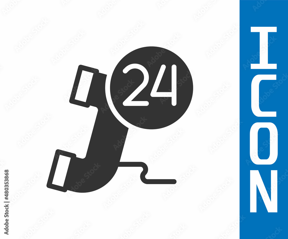 Grey Telephone 24 hours support icon isolated on white background. All-day customer support call-cen