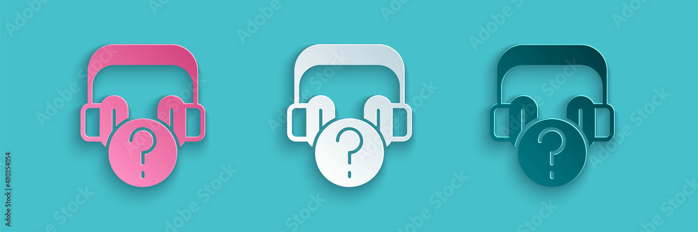 Paper cut Headphones with question icon isolated on blue background. Support customer service, hotli