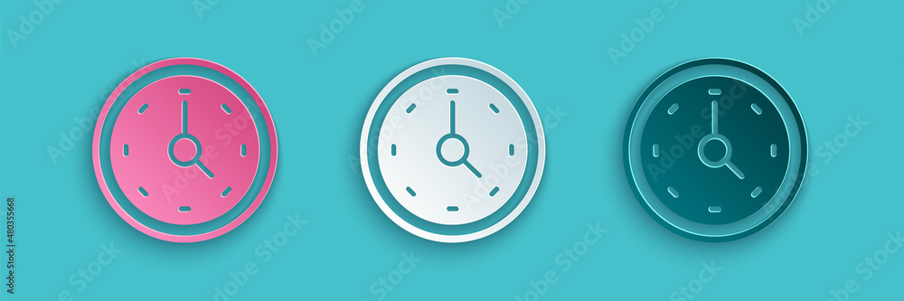 Paper cut Clock icon isolated on blue background. Time symbol. Paper art style. Vector