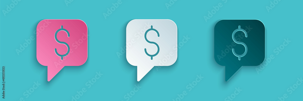 Paper cut Paid support icon isolated on blue background.Speech bubble chat. Message icon. Communicat