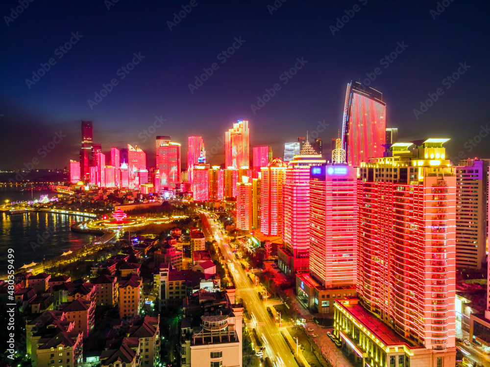 中国青岛现代城市建筑航拍夜景