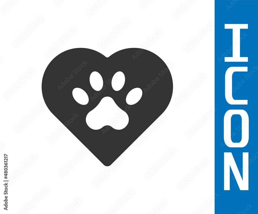 Grey Heart with animals footprint icon isolated on white background. Pet paw in heart. Love to the a