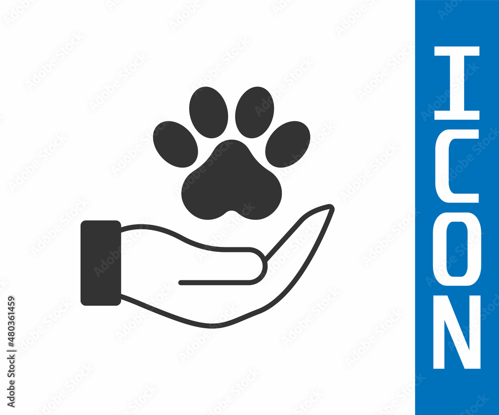 Grey Hands with animals footprint icon isolated on white background. Pet paw in heart. Love to the a