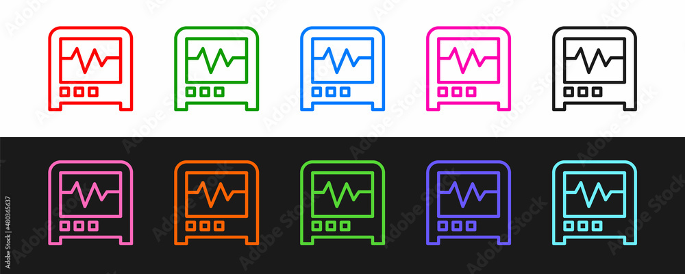 Set line Seismograph icon isolated on black and white background. Earthquake analog seismograph. Vec