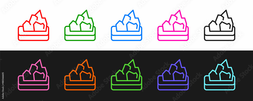 Set line Ore mining icon isolated on black and white background.Vector（设置线矿石开采图标隔离在黑白背景上。矢量）