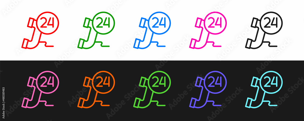 Set line Telephone 24 hours support icon isolated on black and white background. All-day customer su