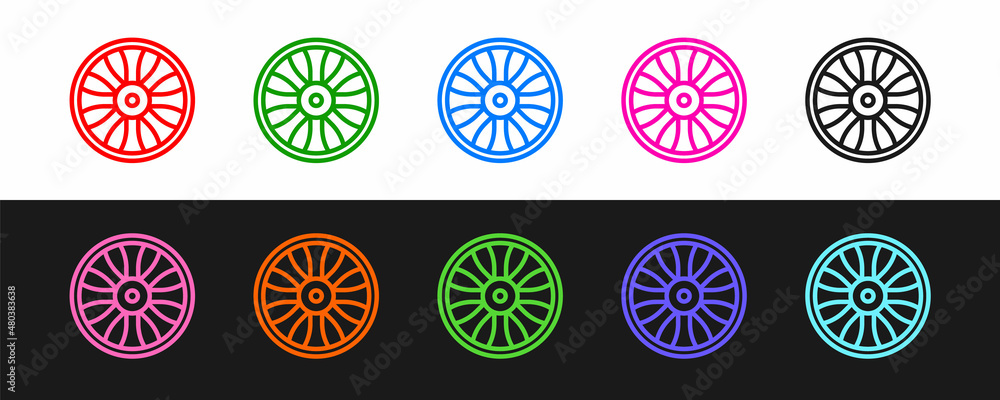 Set line Alloy wheel for car icon isolated on black and white background. Vector