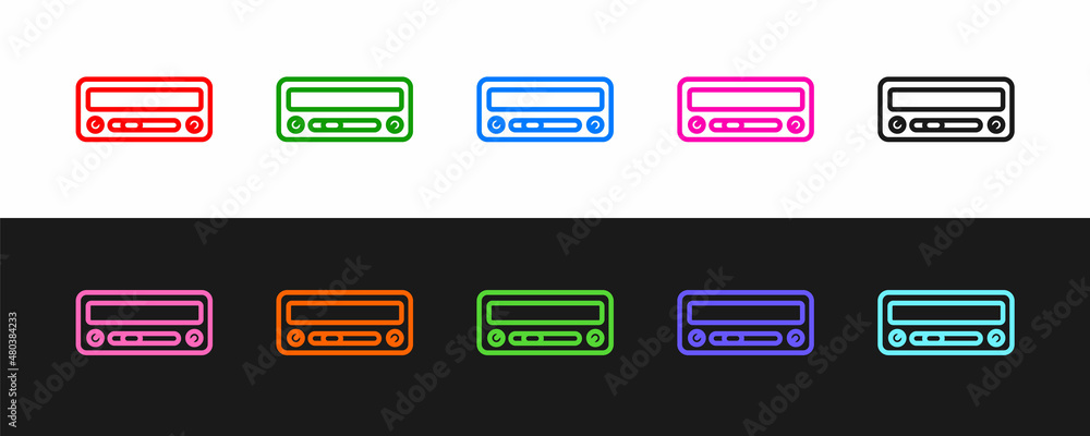 Set line Car audio icon isolated on black and white background. Fm radio car audio icon. Vector