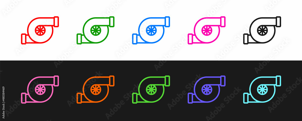 Set line Automotive turbocharger icon isolated on black and white background. Vehicle performance tu