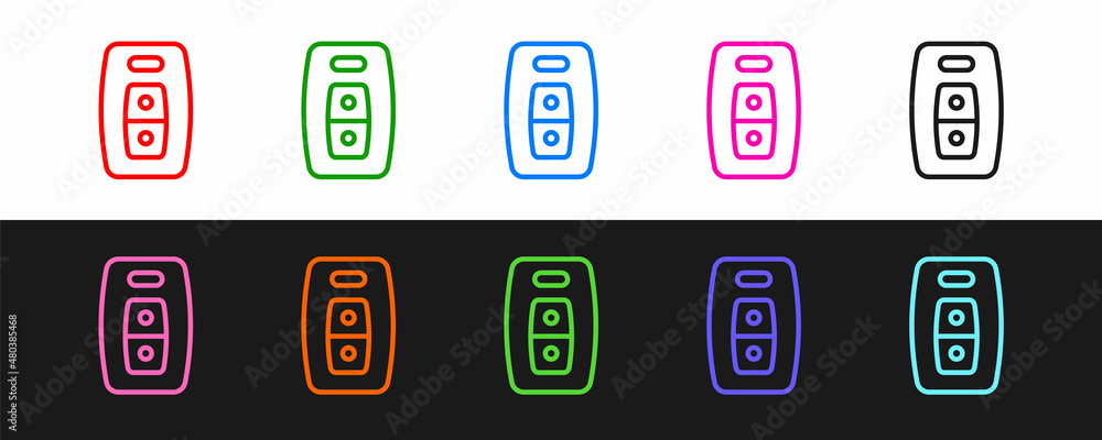 Set line Car key with remote icon isolated on black and white background. Car key and alarm system. 