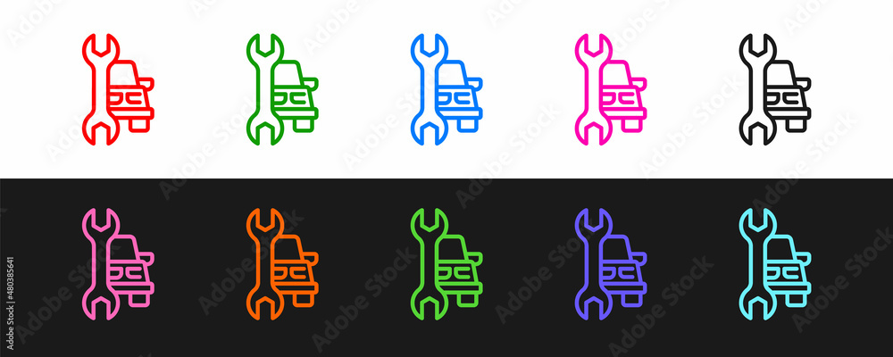 Set line Car service icon isolated on black and white background. Auto mechanic service. Repair serv