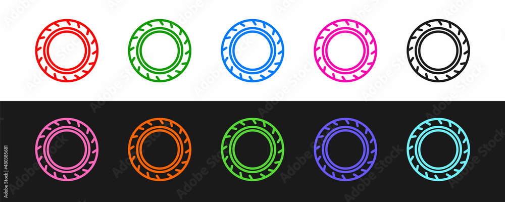 设置线汽车轮胎车轮图标隔离在黑白背景上。矢量