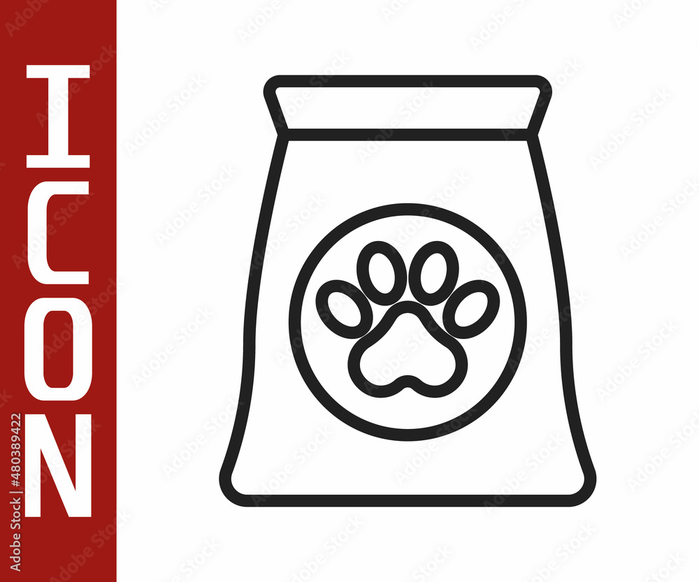 Black line Bag of food for pet icon isolated on white background. Food for animals. Dog bone sign. P