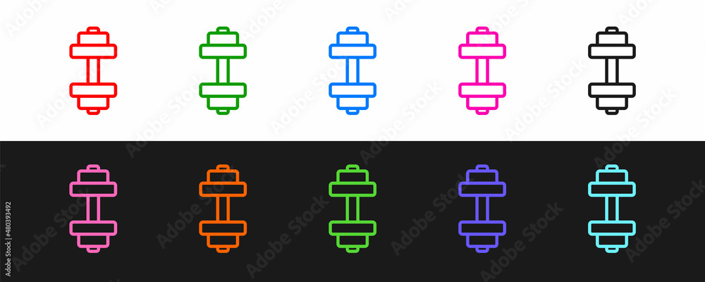 Set line Dumbbell icon isolated on black and white background. Muscle lifting, fitness barbell, spor