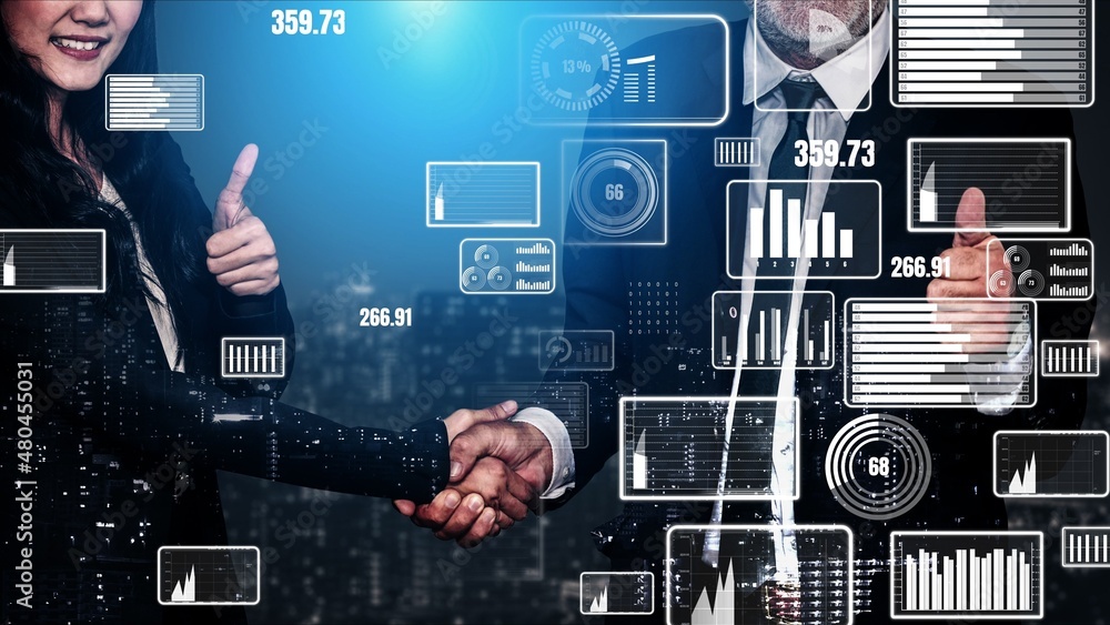 Conceptual business handshake with dashboard for financial data analysis . 3D render computer graphi