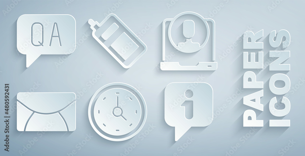 Set Clock, Telephone 24 hours support, Mail and e-mail, Information, Mobile and Question Answer icon