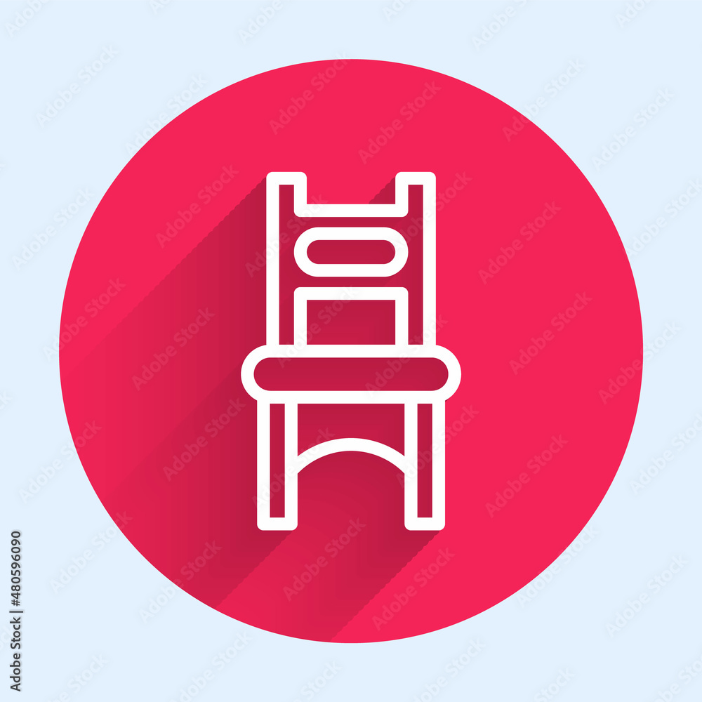 White line Chair icon isolated with long shadow background. Red circle button. Vector