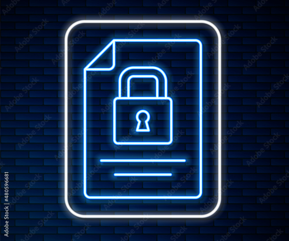 Glowing neon line Document and lock icon isolated on brick wall background. File format and padlock.