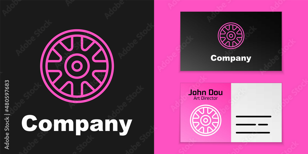 Pink line Alloy wheel for car icon isolated on black background. Logo design template element. Vecto