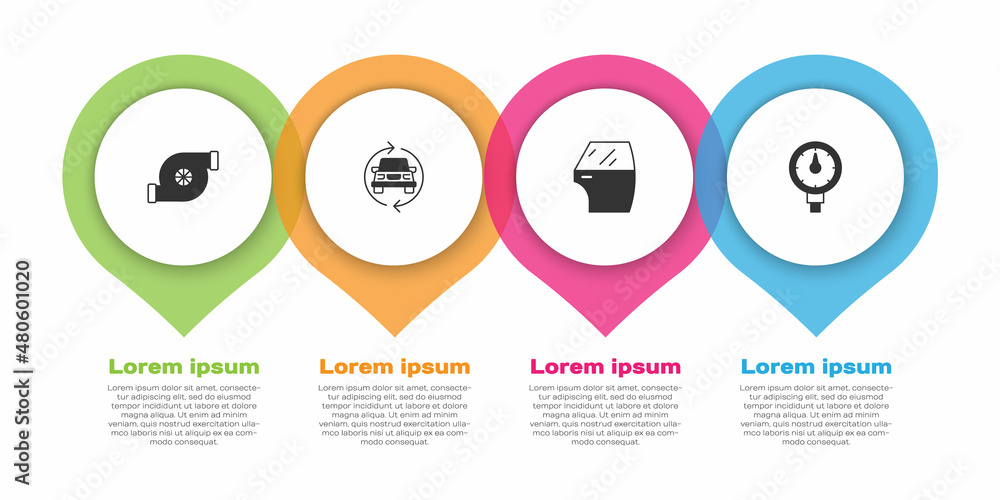 Set Automotive turbocharger, Car service, door and Tire pressure gauge. Business infographic templat