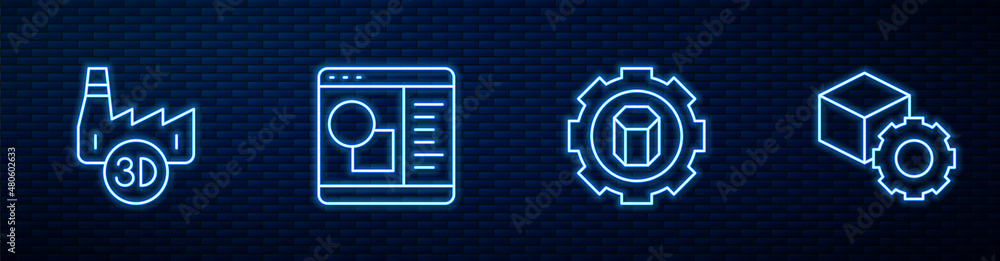 Set line 3D printer setting, Printing house industry, software and Isometric cube. Glowing neon icon