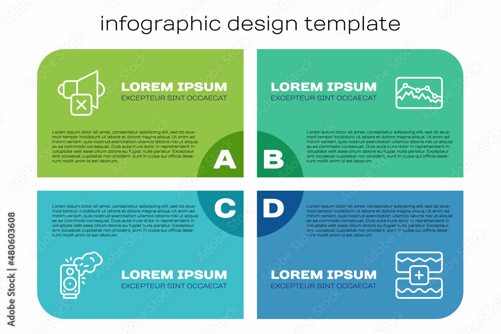 Set line Stereo speaker, Speaker mute, Music wave equalizer and . Business infographic template. Vec