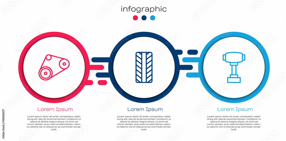 设定线正时皮带套件，汽车轮胎轮和换挡器。业务信息图模板。矢量
