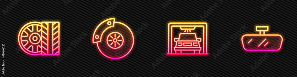 Set line Car wash, tire wheel, brake disk with caliper and mirror. Glowing neon icon. Vector