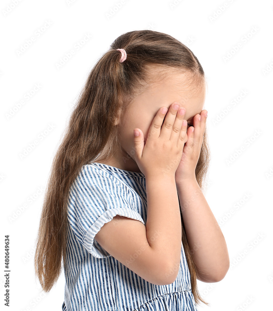 Portrait of sad little girl on white background