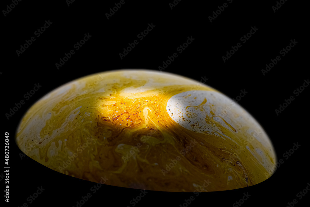 Vibrant yellow colored psychedelic alien planet with an atmosphere in the darkness of the universe, 