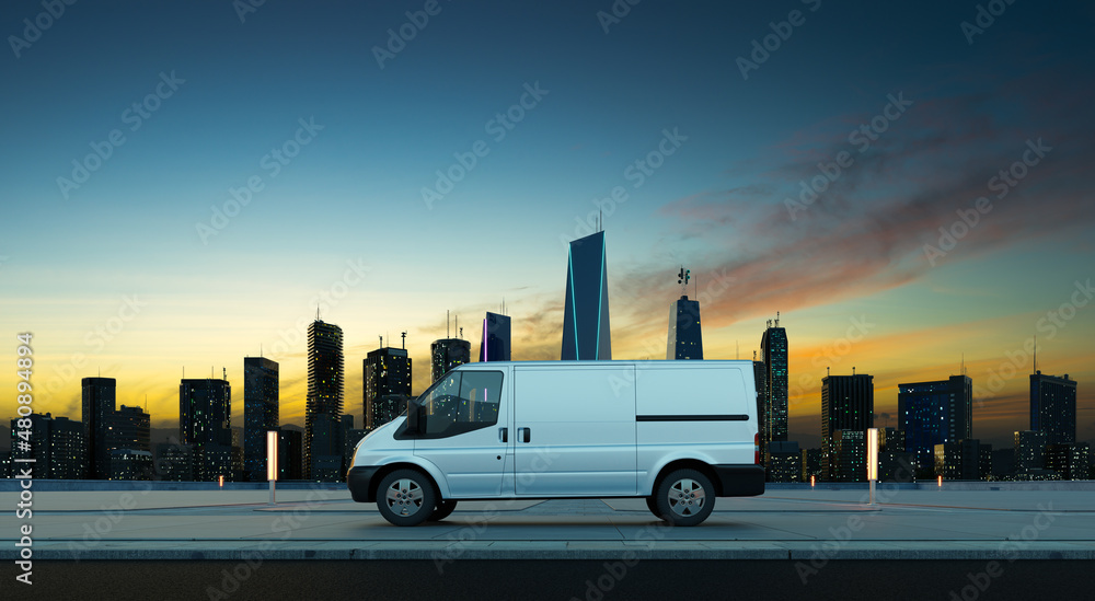 Delivery van park on a city roadside at sunrise