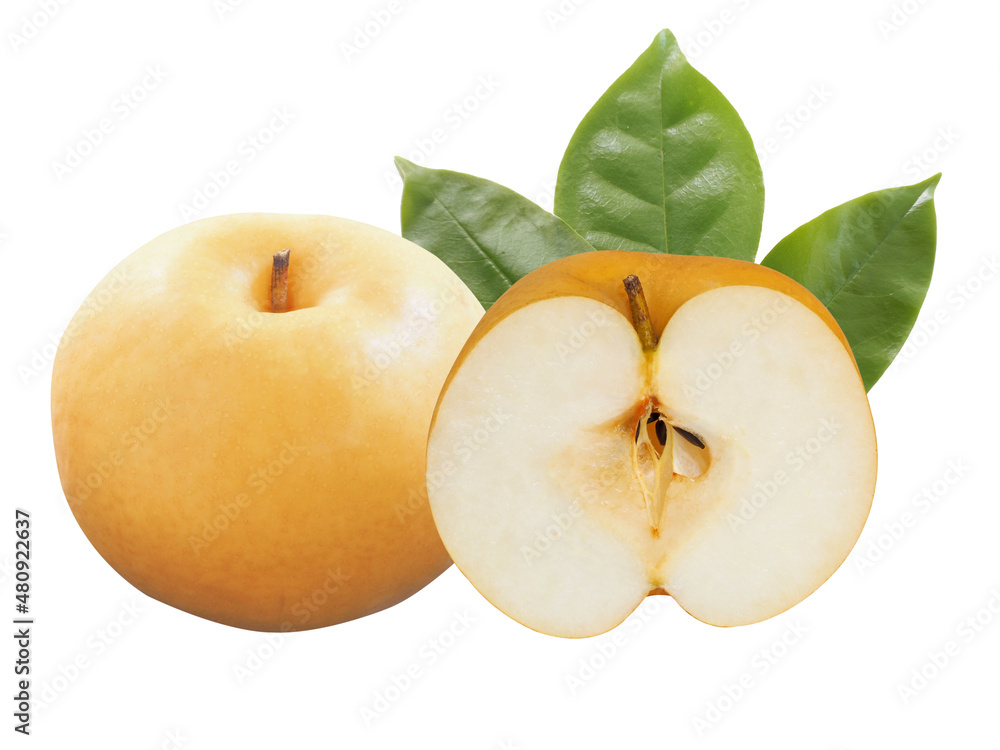 whole and half with slice of snow pear fruit isolated on white background