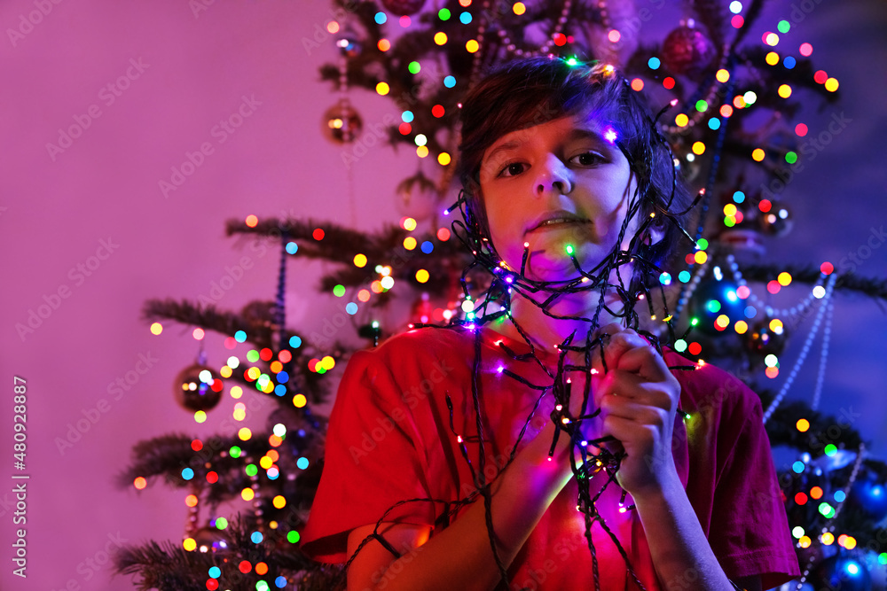 Boy portrait near New Year tree hold color lights