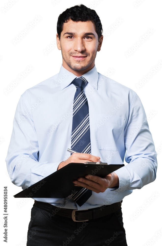 Young handsome businessman With Clipboard make notes