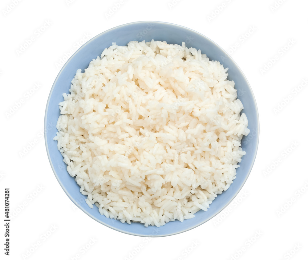 Bowl with tasty boiled rice on white background