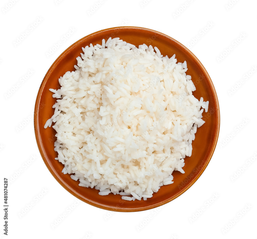 Bowl with tasty boiled rice on white background