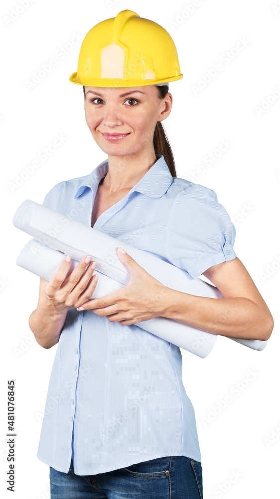 Young woman architect with a hard hat and paper plans