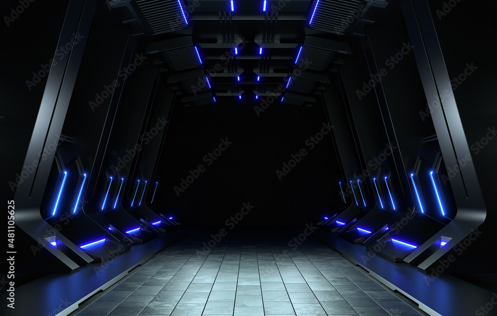 Empty dark room, Modern Futuristic Sci Fi Background. 3D illustration