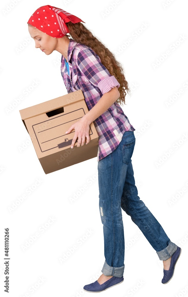 Moving house concept, Girl with cardbox