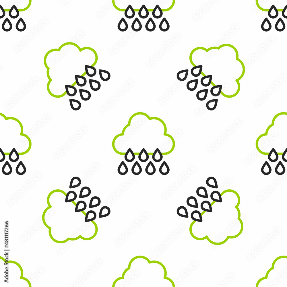 Line Cloud with rain icon isolated seamless pattern on white background. Rain cloud precipitation wi