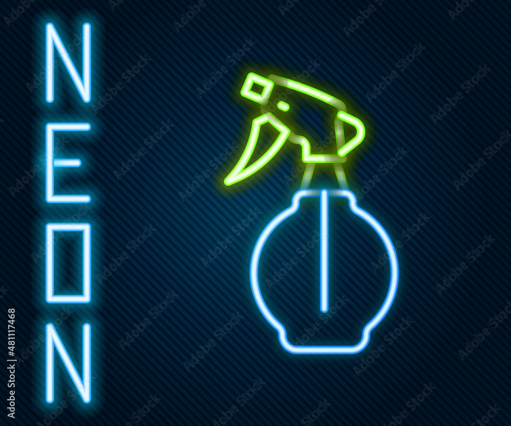 Glowing neon line Water spray bottle icon isolated on black background. Sprinkler for ironing. Color