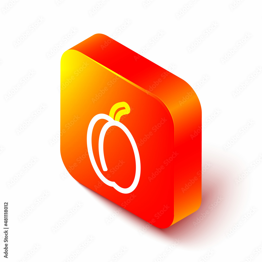 Isometric line Plum fruit icon isolated on white background. Orange square button. Vector