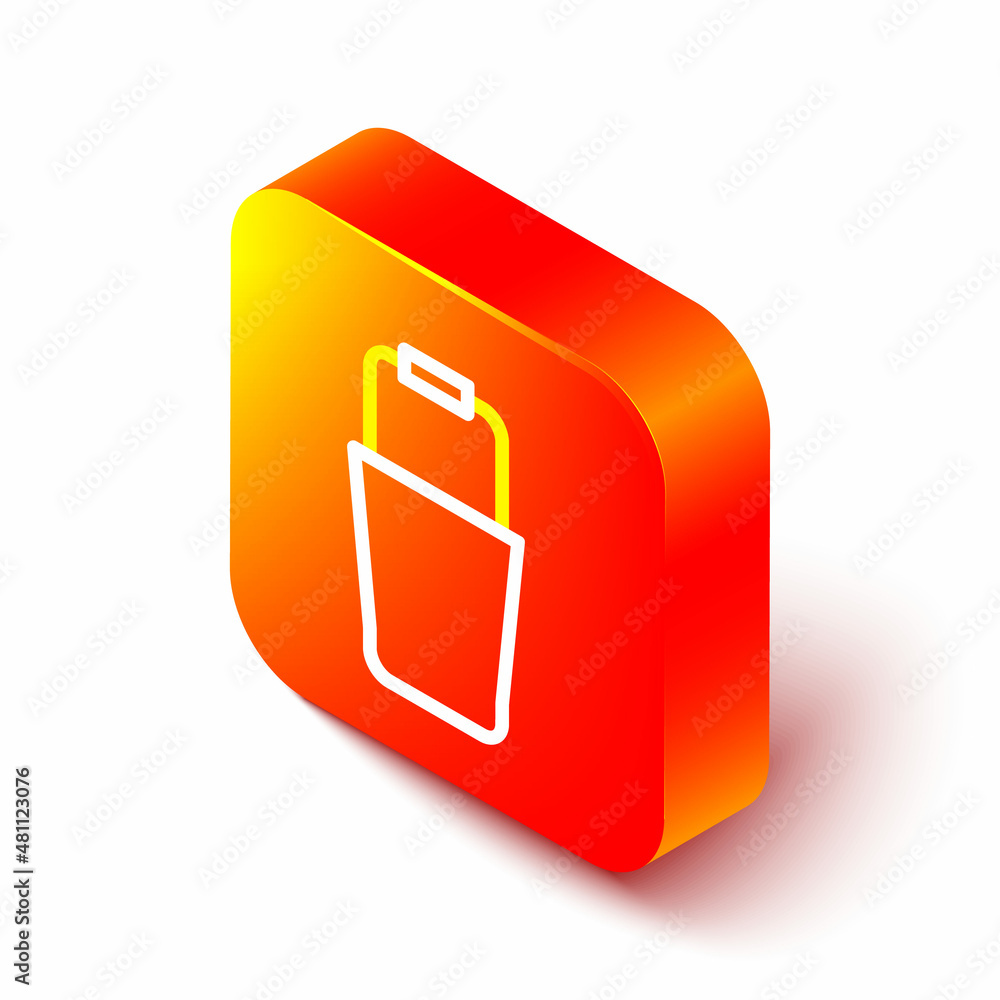 Isometric line Sauna bucket icon isolated on white background. Orange square button. Vector