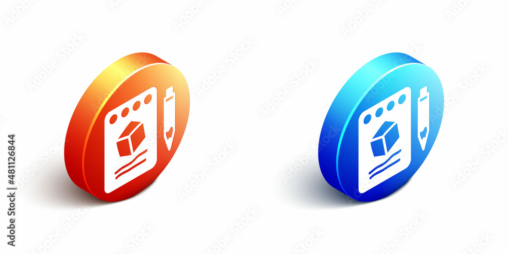 Isometric Sketch on paper icon isolated on white background. Orange and blue circle button. Vector