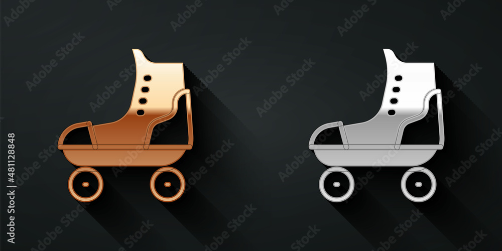 Gold and silver Roller skate icon isolated on black background. Long shadow style. Vector